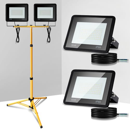Jopassy LED Baustrahler Arbeitsleuchte mit Stativ, 2x50W 3000K Warmweiß Arbeitsstrahler, IP66 Wasserdicht, 4250LM Baulampe, Led Baustellenlampe Höhenverstellbares Stativ und 1m Kabel (Kein Stecker)