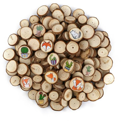 150 stycken träskivor, runda träskivor för pyssel, 1–3 cm trädskivor, naturliga träplattor med bark, trä för pyssel, trädstamdekoration för gör-det-själv-pyssel, juldekoration
