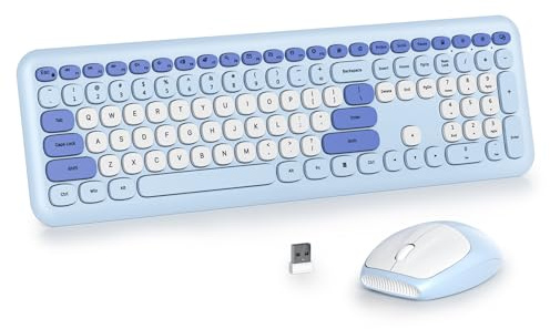 SOLIDEE Combo de Teclado y Ratón Inalámbrico Colorido,2.4GHz Teclado de máquina de Escribir Retro,104 Teclas Teclado con Teclado Numérico,Teclado de Membrana Silencioso(Americano QWERTY)(Pro Blue)