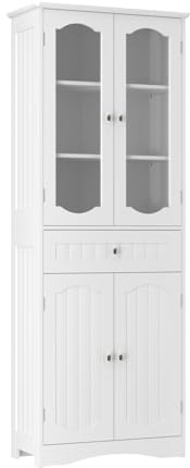 LIFEZEAL Armario Alto de baño, Armario Independiente con cajón y 4 Puertas, Estante Ajustable, Mueble Alto con Puerta de Cristal Templado Transparente, 60 x 30 x 160 cm, Blanco