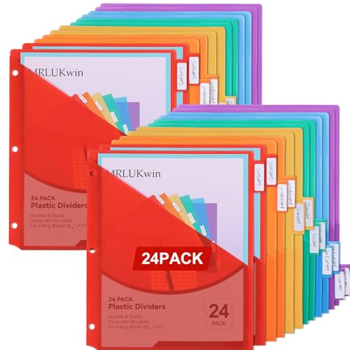 MRLUKwin 24Pack Binder Dividers with 56 Customizable Labels, 3 Hole Punch Plastic File Dividers for 3 Ring Binders, Letter Size, Multicolor Tabs for Office School Home(24)