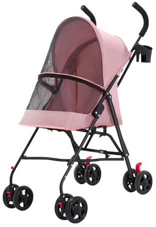 Vikbar barnvagn hopfällbar vagn djur korg förvaringsbricka mugghållare, justerbar markis, EVA-hjul för alla underlag med broms, 97 x 45 x 55 cm - rosa