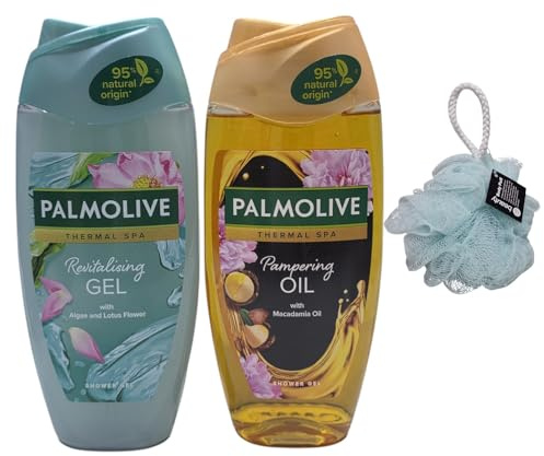 Palmoliv Thermal Spa Shower Gel Duo – Revitalising Gel with Algae & Lotus Flower + Pampering Oil with Macadamia Oil, 250ml Each With Free Beauty Body Puff(Any Colour)