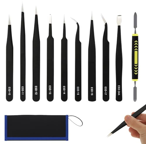 Precision Tweezers, Tweezers for Crafting, Precision ESD Tweezer, 9 Pcs Anti-Static Stainless Steel Tweezer Set for Crafting, Electronics, Jewelry Manufacturing