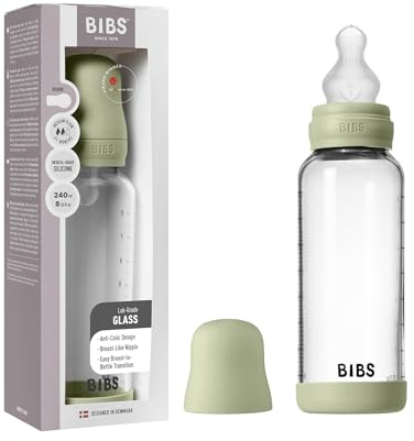 BIBS Baby Glass Bottle. 240ml. Anti-Colic. Vented Round Silicone Teat. Supports Natural Breastfeeding, Medium Flow, Complete Set - 240 ml, Sage
