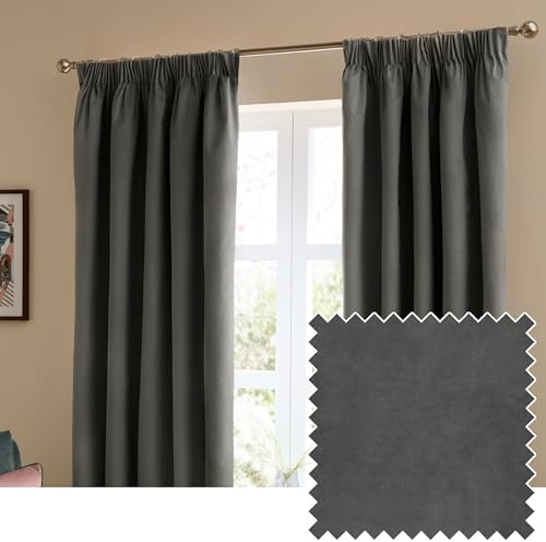 furn. The Ultimate Velvet Blackout Pencil Pleat Curtain Pair – Soft Stylish Light Blocking Thermal Matte Velvet Drapes (Charcoal - 117x137cm)