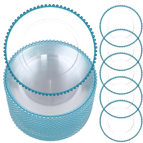 LOYALHEARTDY 13 Inch Clear Charger Plate with Blue Beaded Rim, Reusable Plastic Round Underplate for Wedding, Banquet, Holiday Party Table Setting, Set of 25