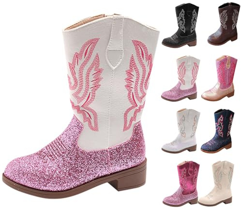 Botas vaqueras hasta la rodilla para niñas, botas de equitación con lentejuelas, botas largas de cuero Y2K con purpurina, botas de baile, punta redonda, tacón bajo, zapatos de invierno para Navidad