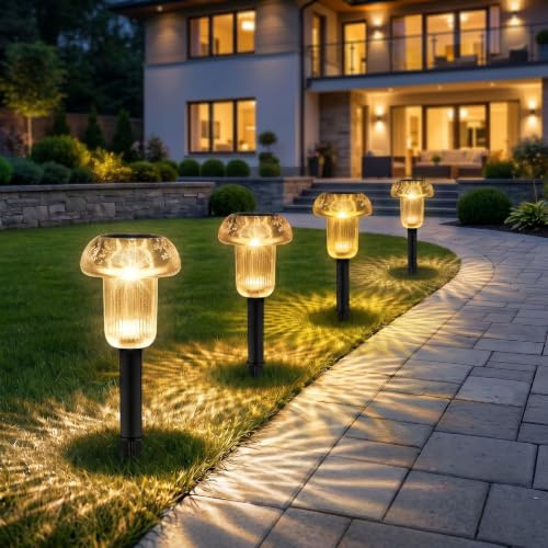 Xarizon Warm White Mushroom Solar Garden Lights, Outdoor, 4 Pack | Waterproof Solar Pathway & Stake Lights with Warm White Glow for Paths, Borders, Flower Beds & Outdoor Landscape Lighting