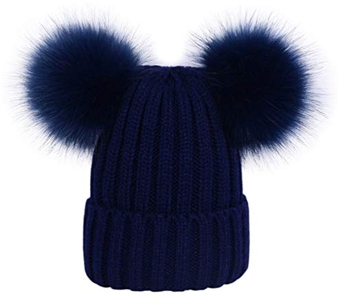 LAUSONS Bonnet Pompon Fourrure Fille Bonnet Hiver Chaud avec Deux Pompons Amovible Bleu Marin