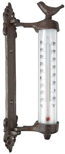 L'Héritier Du Temps Thermomètre Mural avec Potence Décoratif avec Motif Oiseau en Celsius et Fahrenheit en Fonte Patinée Marron 5,5x9,5x27,5cm
