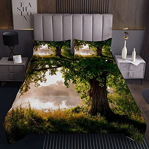 Copriletto Trapuntato Albero Foglia In Paesaggio Mistico Nebbioso Scenario Vista Ruscello Coverlet Bambini Ragazze Marrone Verde Camera 2 Pz Singolo Dimensione