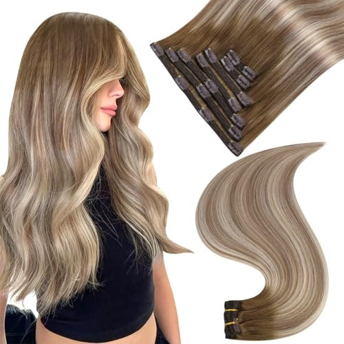 Easyouth Echthaar Extensions Clip in Balayage BLond Clip in Extensions Echthaar Dunkelbraun Ombre Hellbraun Mittelblond Extensions Echthaar Clip Remy Menschenhaar Invisible 35cm 70g 7pcs #3/8/22