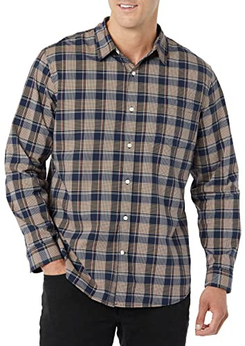 Amazon Essentials Men's Long-Sleeve Slim-Fit Stretch Poplin Shirt, Gold Navy Checked, Medium