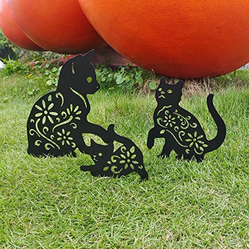 Lin's Wood 3 Pieces Metal Cat Garden Metal Stakes, Hollow Garden Animal Ornament, Outdoor Decorative Stake Accessories And Lawn Ornaments - Ornamental Gardening Stakes For Decoration.