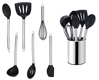 Echtwerk Küchenuntensilien, 7-teiliges Küchenhelfer-Set, Küchenzubehör, Kochbesteck mit Edelstahlgriff, Kochset Utensilienhalter, Kochzubehör, Antihaft Silikon Haushaltshelfer, Silber, (EW-KS-7030)