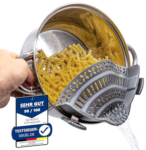 Netrox – Schnappsieb aus Silikon – Nudelsieb Aufsatz zum Einhängen in Topf & Pfanne – BPA-frei, spülmaschinenfestes Küchensieb Sieb – Abtropfsieb als Abgießhilfe für Töpfe Topfsieb