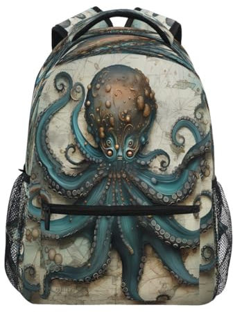 Mnsruu Retro Blau Octopus Fisch Rucksack Tagesrucksack Schultasche Reise Schultertasche für Studenten Jungen Mädchen, mehrfarbig, L