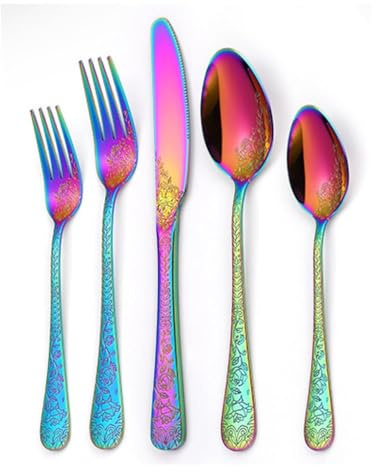 Vintage Carving Kitchen Stainless Steel Silverware Tableware Flatware Cutlery Knives Forks Spoons Set Home Steak Knife Dessert Spoon (Rainbow,5 Pieces)