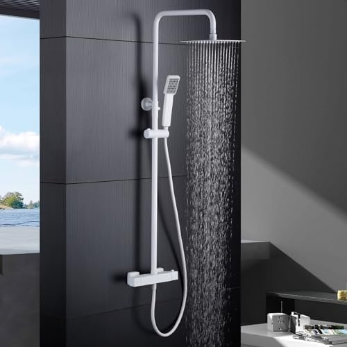 IMEX termostatisk duschpelare utan kran | dusch- och badkarsset med duschhuvud och flexo, duschduschkran, regneffekt, 12 l/min flöde, konstserie | vit färg
