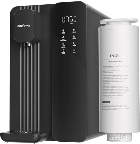 Ecoviva MATE4 UV Countertop Reverse Osmosis Water Filter System, 4 Temperature Options, 7 Stages Instant Hot RO Water Filtration System, 3:1 Pure to Drain, TDS & Filter Life Monitor, Plug & Use(Black)