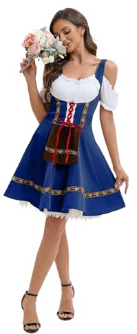 YTWS Oktoberfest Outfits Women German Dirndl Dresses Blue Off-Shoulder Beer Maid Costumes for Bavarian Carnival