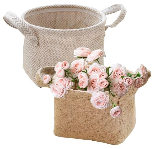 volumoon 4 Stück Aufbewahrungskörbe Baumwoll-Leinen, Runde Sackleinen Gewebte Aufbewahrungskorb Bin, Wand Hängend Faltbares Aufbewahrungskörbe, mit Griff Dekorativ für Haushaltswaren Schreibwaren