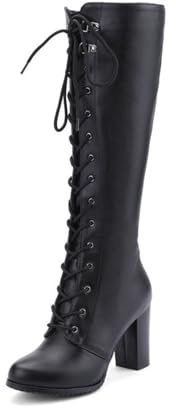 HXTYXCQ Femmes Bout Rond Cuir Bottes Longues Lacets Bottes De Chevalier avec Fermeture Éclair Latérale Talons Bloc Hauts Bottes Hautes Au Genou,Black PU,39 EU