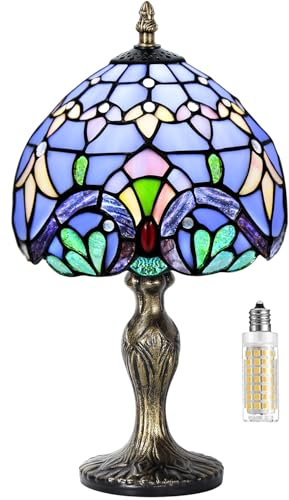 MIAOKE Stained Glass Lamp Table Lamp Stained Crystal Bead Style Table Light,Handmade Desk Bedside Table Night Lamp,Antique Art Craft Gifts Lover Kid Living Room Study Bookcase Desk Ligh-Blue Baroque