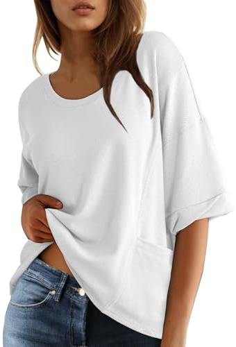 Maglia a Maniche Tre Quarti Cotone e Lino Curvy Maglietta a Maniche 3/4 Camicia con Colletto a Scollo a V in Tinta Unita Leggera e Comoda per L'Estate Maglietta da Donna alla Moda da Spiaggia