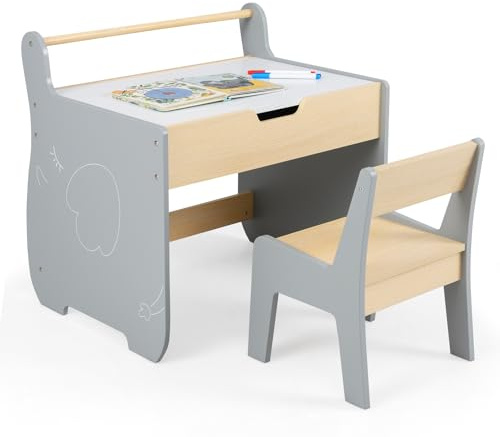 Maxmass 3 in 1 Kids Table and Chair Set, Toddler Art Table with Reversible Blackboard Tabletop and Paper Roll Holder, Wooden Children Activity Table for Drawing Learning Playing (Grey)