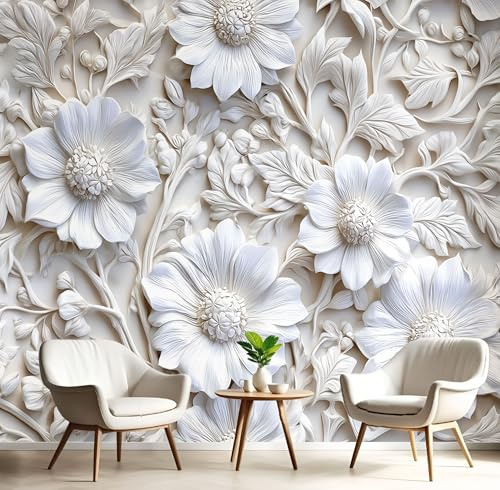 Fotomurales Relieve Floral 3D 350X256Cm Papel Pintado Decoración De Pared Plantas Medievales, Murales Póster Crema Efecto 3D, Decorativos Murales Para Dormitorio Salón Tv Pared