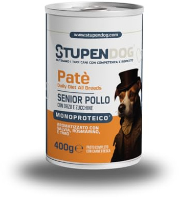 STUPENDOG Patè Senior al Pollo con Orzo e Zucchine – 94% Pollo Fresco, con Glucosamina e Condroitina – Cibo Umido Naturale per Cani Anziani, Senza Conservanti (12x400g)