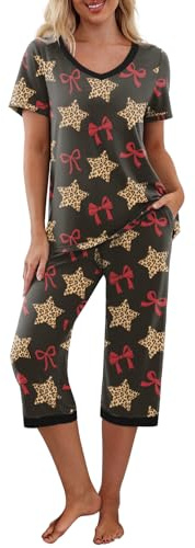 PrinStory Pyjamasset för kvinnor, sovkläder, lounge-kläder, kortärmad t-shirt, capribyxor, med fickor