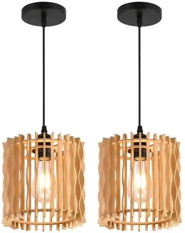 ACMHNC 2-pack Hänglampor i Trä, 20 cm Boho Pendellampa med E27-sockel och Justerbar Sladd 1,5 m, Taklampa för Matbord, Köksö, Sovrum, Hall och Café,3000K