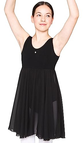 tanzmuster Ballettkleid Helena mit breiten Trägern und langem Chiffon Röckchen. Besonderer Ballettanzug mit Glitzerstein in schwarz, Größe:164/170