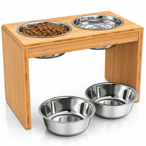 Migosset Premium hög matare för hund katt Dubbel rostfritt stål skål med 2 extra reservdelar (stor)