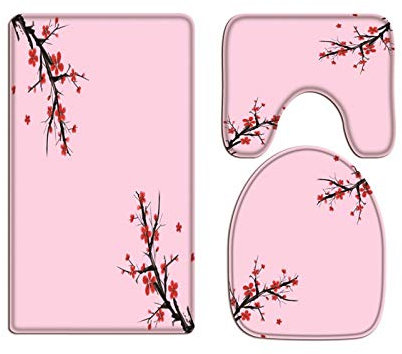 A.Monamour Badezimmer Badematte 3 Teilig Set Rosa Hintergrund Der Roten Pflaumenblumen des Aquarells Flanell WC Toilette Deckel Deckt Bad Matte Teppich Badteppiche Badvorleger Badgarnitur Vorleger