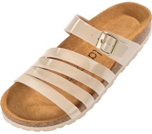 Palado Damen Pantoletten Roma - bequeme Sandaletten mit Kork-Fussbett - modische Hausschuhe mit verstellbarem Riemen - Sandalen für Frauen mit Leder-Laufsohle Lack Beige UK3,5 - EU36