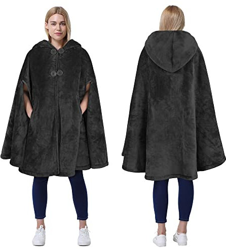 Catalonia Classy Damen Poncho mit Kapuze, Winter Warmer Poncho Kuscheldecke, Plüsch Fleece Cape Poncho Jacke für Outdoor, Schwarz