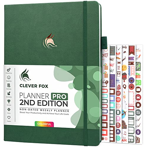 Clever Fox Planner PRO 2nd Edition – Undated Weekly Agenda for Tasks & Time Management – Life Organizer with To-do List, 21.5x28cm (Forest Green)