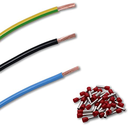 EBROM Verdrahtungssatz, Zählerschrank Verteilung, Aderleitung flexibel H07V-K 10 mm² (10 mm2) Farben: blau - schwarz - grün/gelb inkl. 20 x Aderendhülsen 18 mm ROT – Ihre Auswahl: 3 x 7 Meter SET