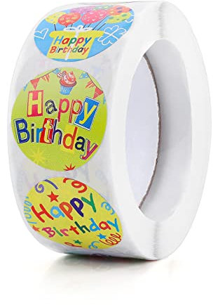 Grevosea 500 Stück Runde Happy Birthday Aufkleber Selbstklebende Geburtstags Aufkleber Geburtstag Runde Papieretiketten Für Kinder Aufkleber für Umschlag/geschenktüten/papiertüten Dekoration-2.5cm