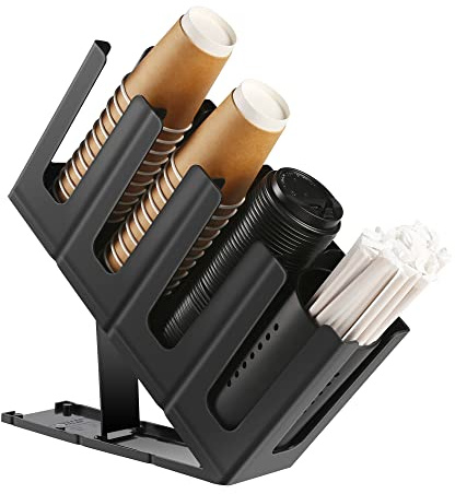 Cairondin Paper Cup and Lid Holder with Straw Organizer, Disposable Coffee Cup Dispenser for Countertop Coffee Station Bar Restaurant Breakroom, Black