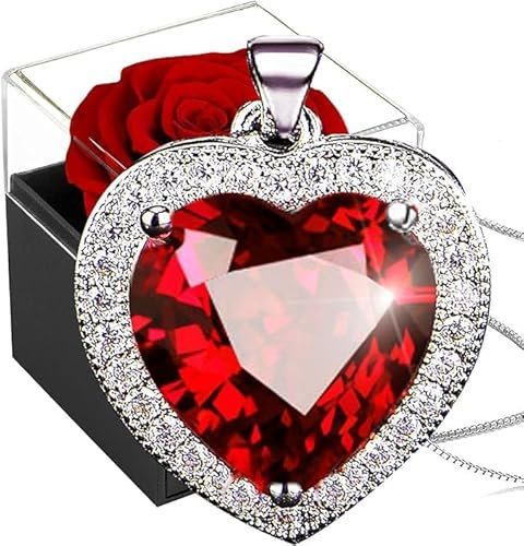 Rose Éternelle avec Rubis Collier，Conservée avec Bijoux Argent 925，Fleurs Préservées Coeur Cristal，Boîte de Roses for Saint-Valentin Noël Anniversaire Rose Stabilisée Birthstone Pendentif Rouge