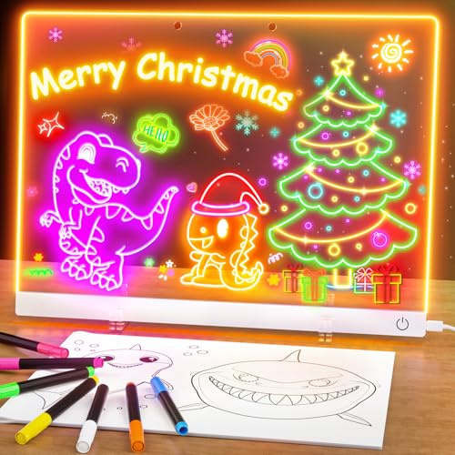 Led Drawing Board for Kids, 13.7X10 6-Color Neon Glow Memo Drawing Tablet, Light-Up Acrylic Dry Erase Board, Lumiboard with Stand, Gift Toys for Kids/Girls/Teens/Grandkids, 7 Markers & Tracing Book