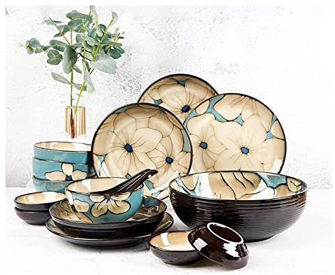 Juego de vajilla Juego de servicio de cena familiar de lujo, juego de vajilla pintado a mano Tazón de arroz azul Tazón de sopa Plato de cena Plato de pescado Combinación de cerámica Servicio doméstic