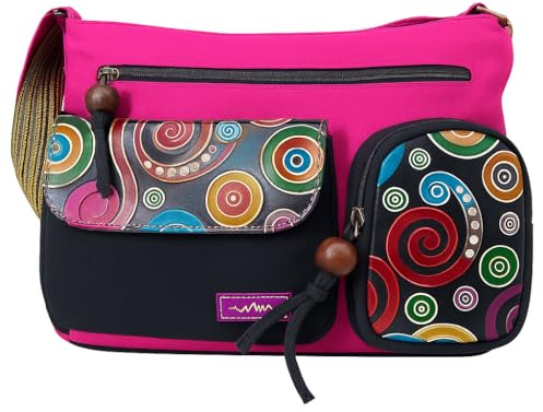Macha Bolso algodón y inserciones de piel con estampados de colores, bolsos mujer bandolera de algodón y piel para mujer étnica India (Fucsia)