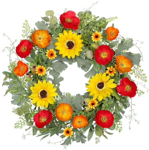 Ø50cm Künstliche Mohn Blumenkranz, Türkranz Blumenkranz Deko groß Türkranz Wandkranz Frühlingsdeko für Frühlings-Sommer-Osterdekoration, Zuhause, Parties, Türen, Hochzeiten