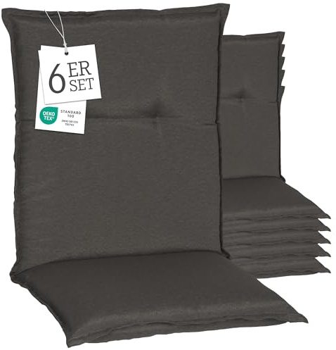 Beo® Turin Niedriglehner Auflagen 6er Set | Waschbar & UV-beständig | Atmungsaktive Gartenstuhlauflagen | Made in EU nach Öko-Tex Standard | Grau | Extra Dicke Sitzkissen Outdoor